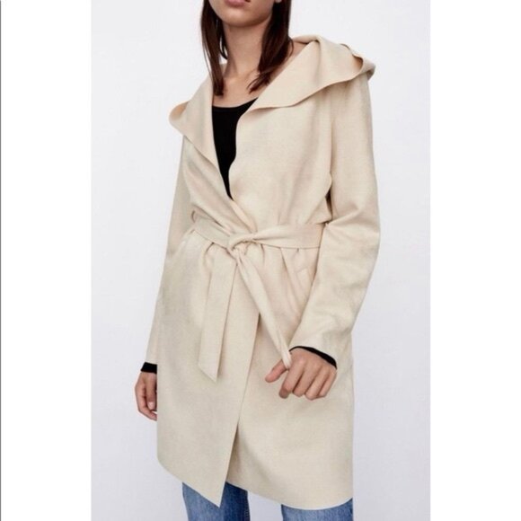 Zara Belted Soft Hooded Longline Coat Jacket Ecru scandi minimalist soft XS - Picture 1 of 16